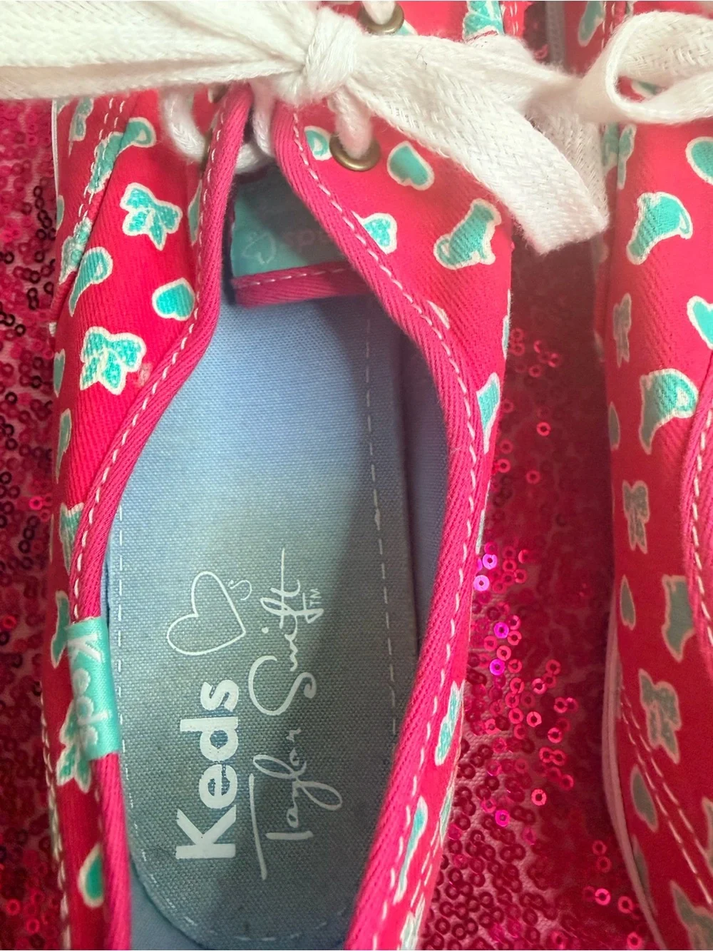 Keds Pink Canvas Taylor Swift Sneakers with Teal Heart Print